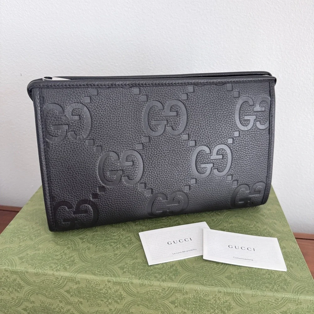 Gucci Mens GG Black Grained Leather Pouch Clutch Bag 739490